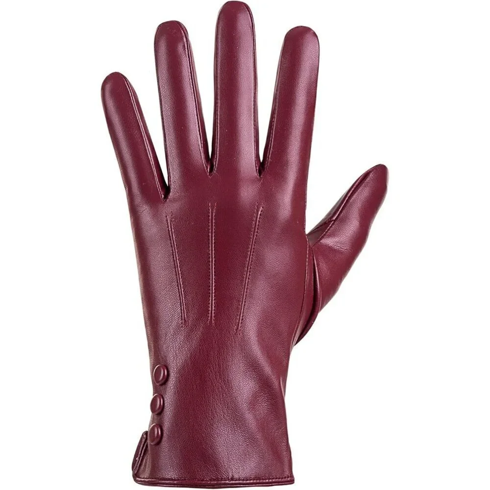 Women’s Leather Gloves Genuine SheepSkin Leather Cold Weather Cashmere Deep Red